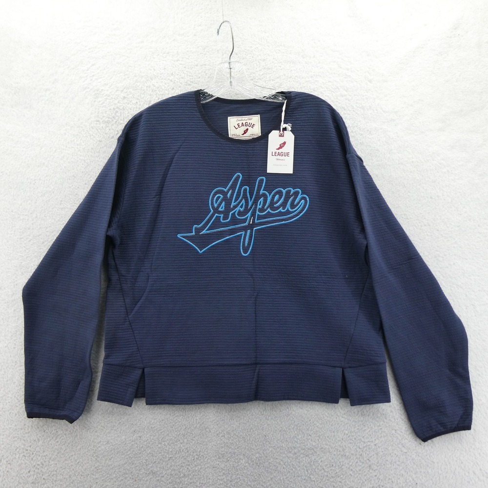 League‎ Sweatshirt Womens Medium Aspen Navy Blue Ribbed Graphic Pullover Cotton